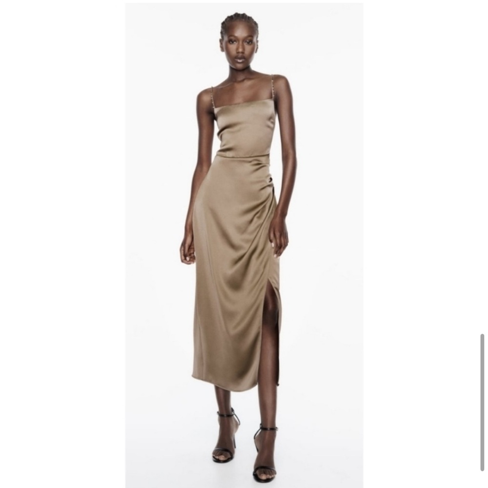 ๐(NWT) ZARA Bloggers Fav Beaded Strap Satin Midi Dress. Size LARGE - Picture 10 of 14